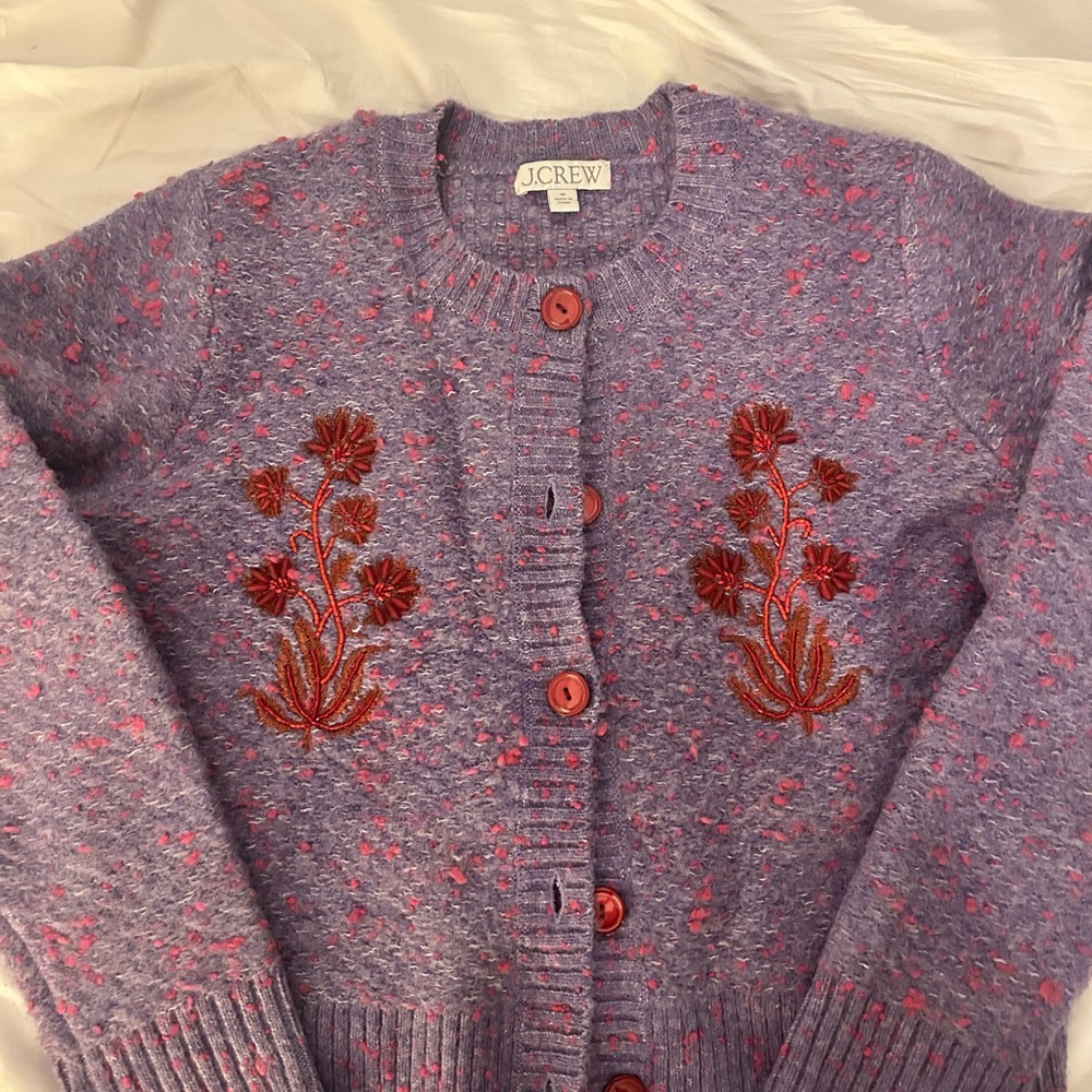 J. Crew Heathered Purple Cardigan with Red Floral Details